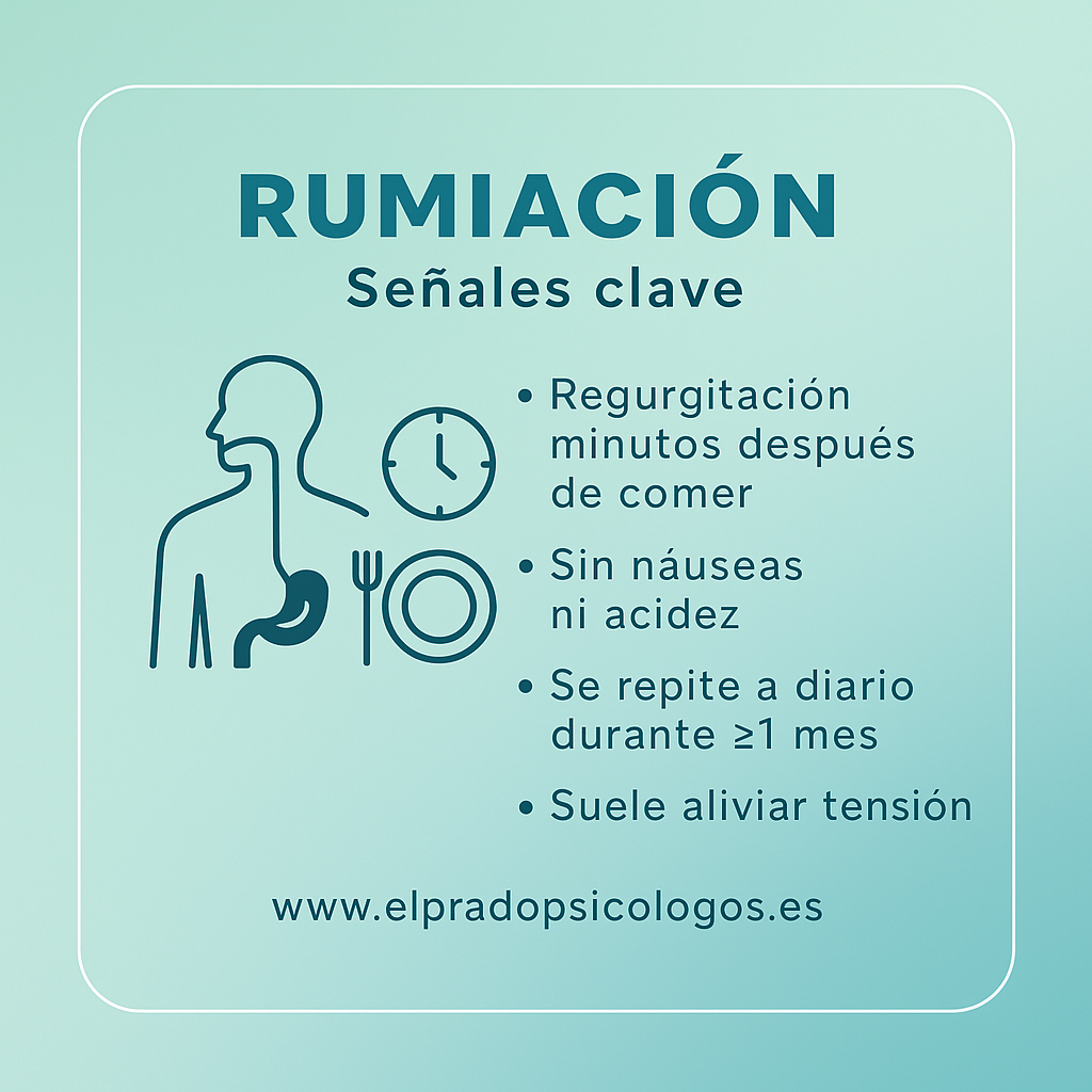Señales del trastorno por rumiación: regurgitación tras comer, sin acidez, repetición diaria y alivio de tensión. Guía clara y práctica.
